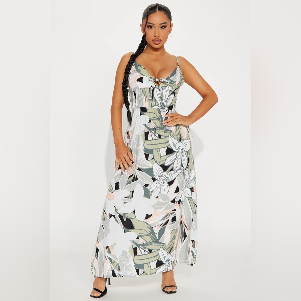 Fashion Nova Green White Floral Maxi Dress